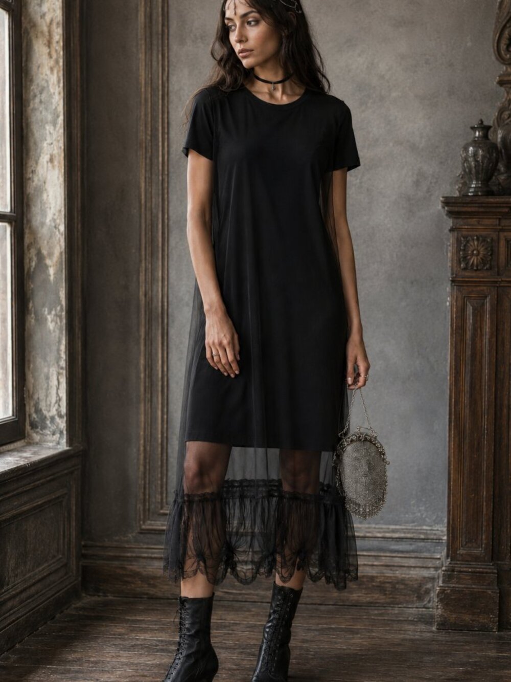 Women's Black Short-Sleeve High-Low Dress with Tulle Hem